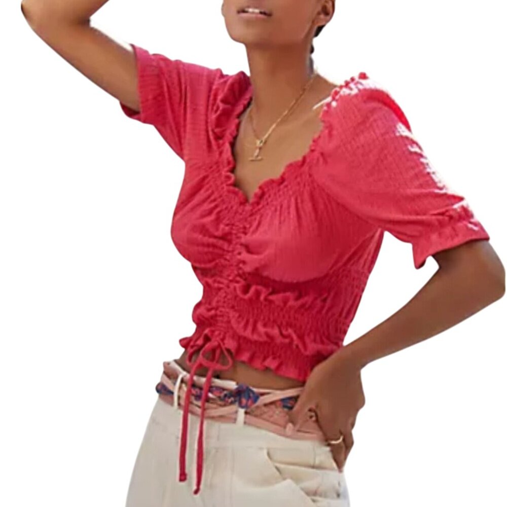 NWT Anthropologie Pilcro Ruffle Puff-Sleeved Cinched Waist Top